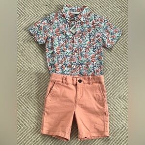 Janie and Jack summer outfit! boys Floral Button-Up Shirt with Coral Shorts